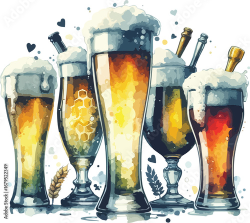 Watercolor Painting of Varied Beer Styles in Glasses Grouped Together Representing Craft Brewing and Refreshment Celebration