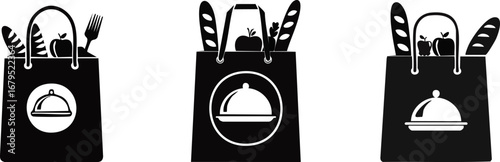 Three stylized bags filled with food items, featuring utensils and a cloche symbol, representing culinary themes and food delivery.
