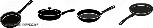 Four distinct frying pans illustrated in black, showcasing various styles and designs for cooking and culinary use.