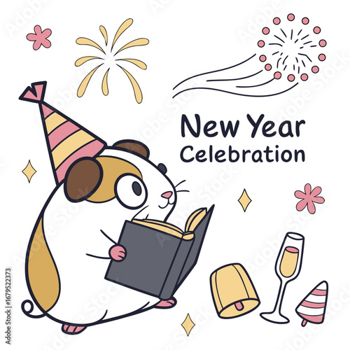 Bashful expression on a Guinea pig in a New Year celebration theme, with reading a book – Midnight Sparkle vector art