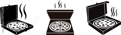 Three stylized pizza boxes, each opened to reveal a delicious pizza, with steam rising to suggest freshness and warmth.