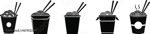 A series of stylized black silhouettes of takeout containers filled with noodles, featuring chopsticks, highlighting variety in presentation.