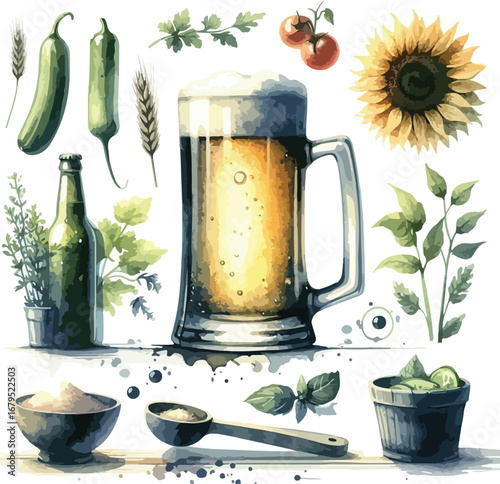 Watercolor Still Life with Beer Vegetables and Herbs Fresh Ingredients in Rustic Kitchen Illustration