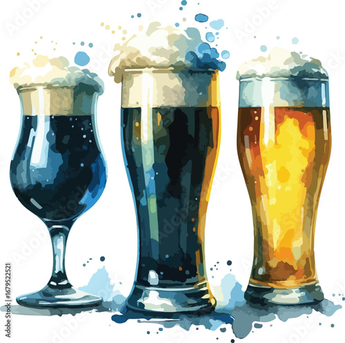 Watercolor Style Beer Glasses with Different Brews and Foamy Tops Displaying Variety and Craftsmanship for Advertising or Menu Design