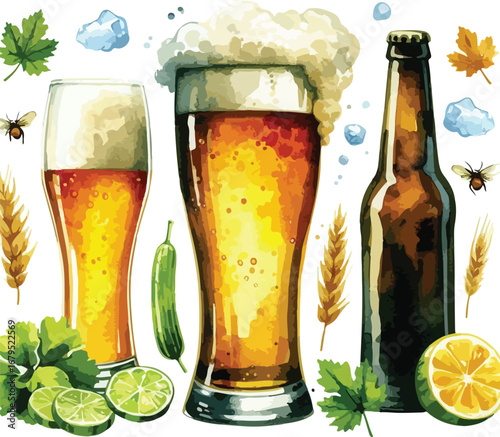 Watercolor Style Beer Illustration with Bottle Glasses Lime and Wheat for Festive Celebration