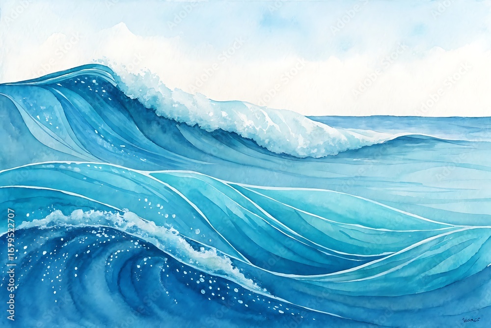custom made wallpaper toronto digitalDynamic Ocean Waves with Blue Tones and White Foam in Watercolor Style image photo
