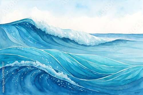 Wallpaper Mural Dynamic Ocean Waves with Blue Tones and White Foam in Watercolor Style image photo Torontodigital.ca