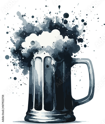Watercolor Style Beer Mug with Foaming Head and Artistic Splatters Illustration for Celebrations and Social Gatherings