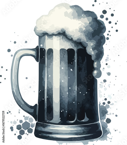Watercolor Style Beer Mug Illustration with Overflowing Foam for Celebrations and Refreshment Depicting Artisanal Brew with Elegant Design and Festive Feel