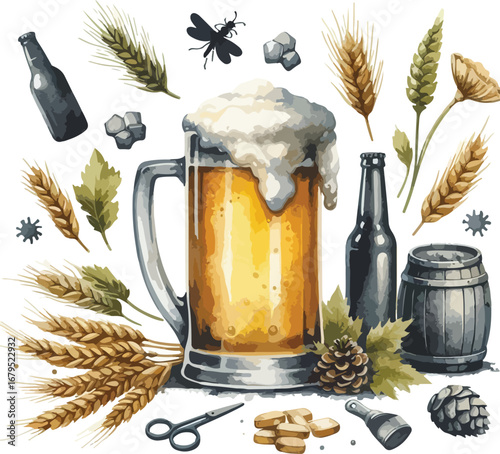 Watercolor Style Beer Still Life with Wheat Hops and Traditional Elements Perfect for Brewery Marketing and Beverage Advertising