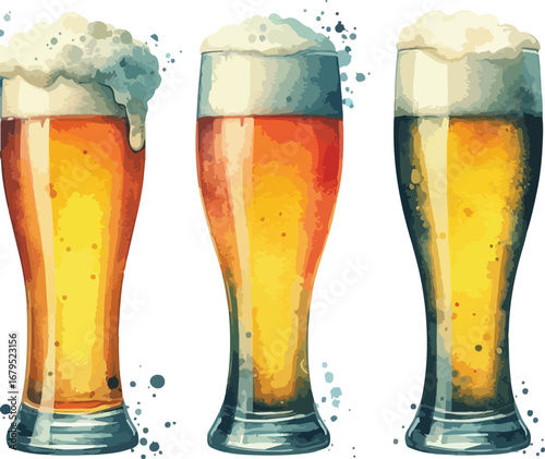 Watercolor Style Illustration of Three Beer Glasses with Frothy Heads Representing Variety and Craft Beer Selection
