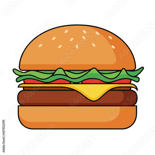 Illustration of a classic hamburger with sesame seed bun, beef patty, cheese, tomato, and lettuce on a white background.