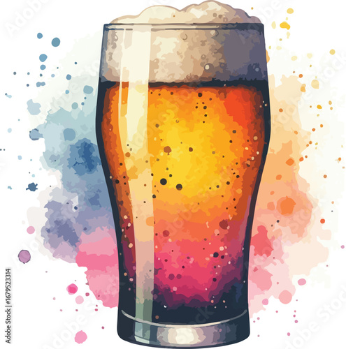Watercolor Style Pint Glass Filled with Amber Beer and Frothy Head Illustration Background with Colorful Splashes