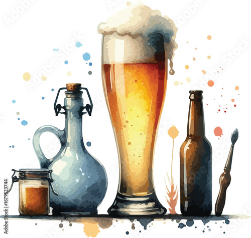 Artistic Beer Still Life Featuring a Pint Glass Bottle and Jar with Watercolor Splatters and a Brush