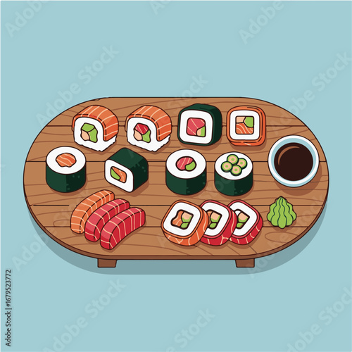 An illustration of a wooden serving tray filled with various types of sushi rolls, accompanied by soy sauce and wasabi, against a light blue background.