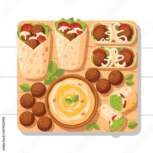 An overhead view of a wooden board featuring falafel wraps, hummus, and loose falafel balls, garnished with mint leaves, presented in a colorful, cartoonish style.