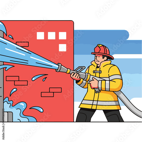 A firefighter in a yellow uniform and red helmet aims a hose at a red brick building, spraying water to extinguish a fire.