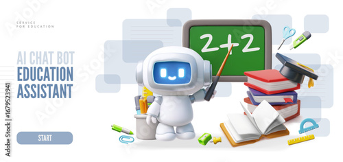 Service for education 3D vector landing page, Chatbot study assistance, school lesson with robot Artificial intelligence