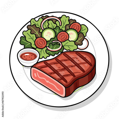 Cartoon illustration of a steak on a plate with a side salad and a small bowl of sauce.