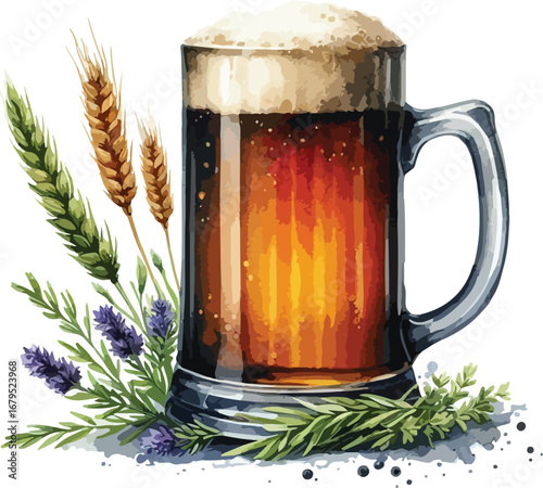 Artistic Illustration of a Pint of Dark Beer with Wheat and Lavender Decoration on a White Background