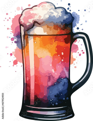 Artistic Watercolor Beer Mug Illustration with Colorful Splatters and Frothy Head Graphic Design for Beverage and Alcohol Themes