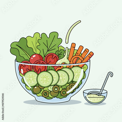 A glass bowl filled with a colorful salad containing lettuce, tomatoes, cucumbers, olives, carrots, and garlic, with dressing being poured in and a small bow...