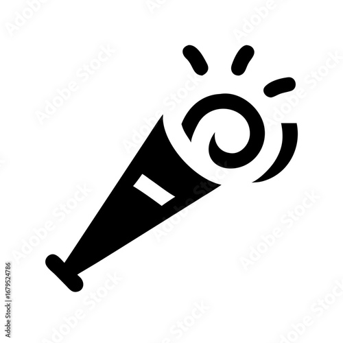 Party Popper Celebration Icon Illustration - Black silhouette icon of a party popper releasing confetti, symbolizing celebration, festive events, parties, joy, and special occasions.