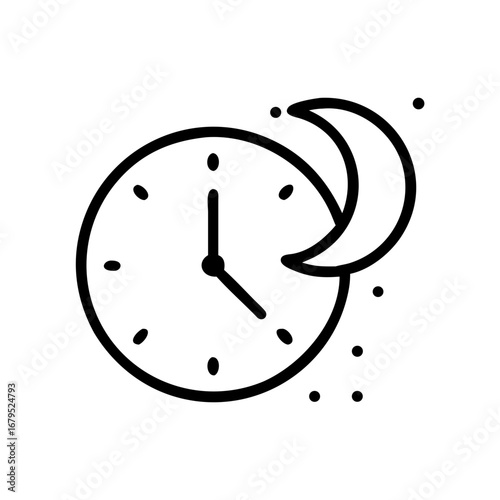Clock with Moon Symbolizing Night Time - Black outline illustration of a clock with a crescent moon and stars, representing night, bedtime, late hours, and evening schedule