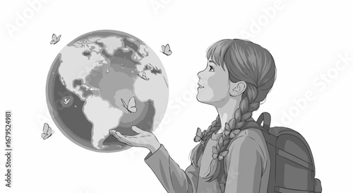 Black and white illustration. Young girl thoughtfully holding the Earth in her hands with butterflies around against a white background with copy space