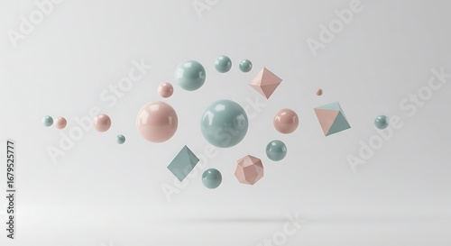 Abstract composition of floating spheres and geometric shapes in pastel colors against a soft white background.
