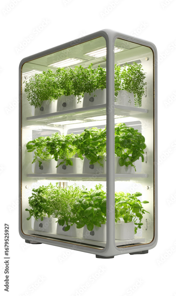 Fototapeta premium Vertical herb garden, multiple levels, filled with vibrant greenery. Modern, sleek design