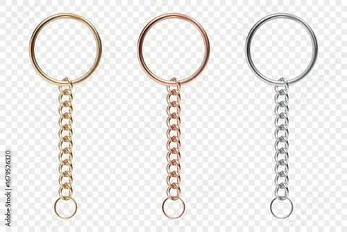 Vector 3d Realistic Lobster Clasp Keychain Set with Chain. Gold, Bronze and Silver Keychain Hook for Jewelry Making, DIY Craft, Bag Accessories, Key Holder Clip, Purse Hardware, Accessory Design