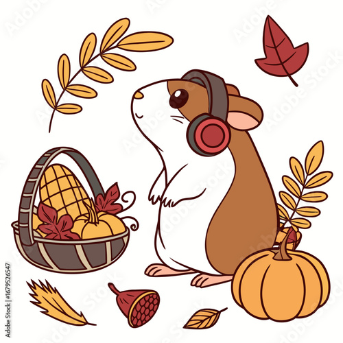 Cute SVG of a Funny Guinea pig in Harvest Blessings colors, featuring wearing headphones in a Thanksgiving setting
