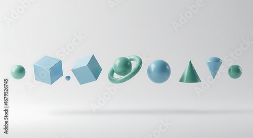 An arrangement of various 3D geometric shapes, including spheres, cubes, a planet with rings, a cone, and a diamond, in pastel blue and green hues, floating ...