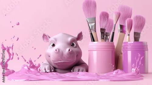 A cute, cartoon-style hippo peeks over pink paint with makeup brushes in the background, creating a playful and colorful scene.