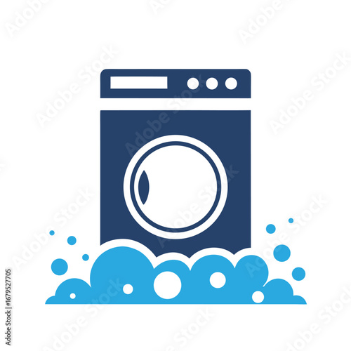 Dark blue washing machine with white circular door and blue bubbles laundry appliance