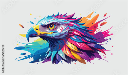 Cartoon vector illustration of an eagle's head with a rainbow, showing the wild animal's detailed beak and feather design