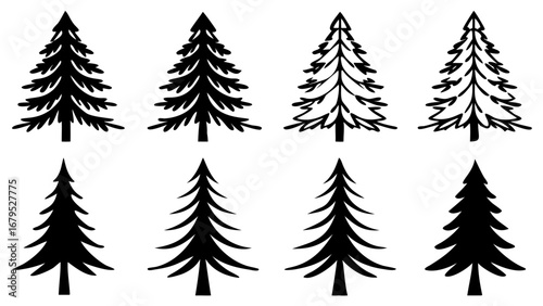 Eight unique black pine tree silhouettes for winter and nature designs