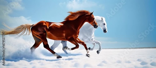 White and brown horses gallop across a snowy field. Two purebred Arabian horses with long manes gallop across a winter field on a frosty day against a blue sky. Video animation
