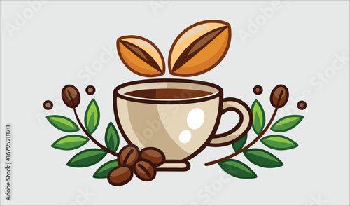 A steaming hot cup of coffee with roasted beans, perfect for a morning breakfast or cafe design