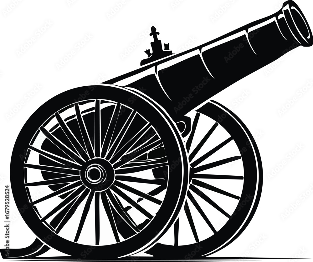 Fototapeta premium Black silhouette of a historical cannon with large spoked wheels artillery weapon