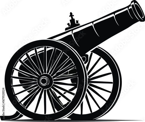 Black silhouette of a historical cannon with large spoked wheels artillery weapon