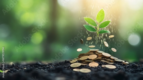 Wealth overflow concept money raining down in a lush green environment for financial growth and abundance