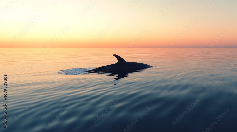 Fototapeta premium Whale fins slicing through the water in a calm ocean at sunset nature photography serene seascape
