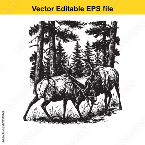 An elk two deer fighting in a forest with trees and grass, vector illustration