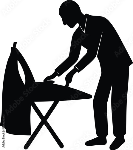 Silhouette of a person ironing clothes on an ironing board
