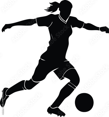 Female soccer player kicking ball dynamic action silhouette vector