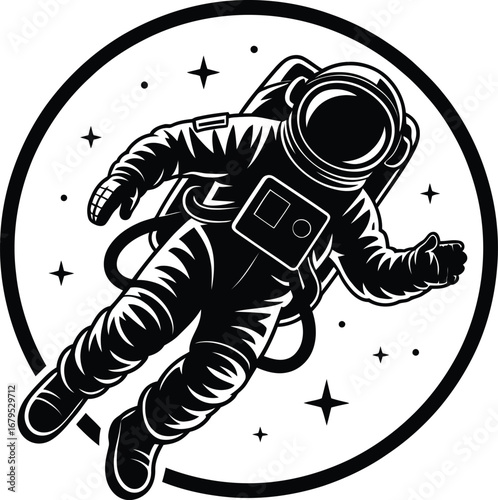 Astronaut Floating in Space Silhouette Emblem Cosmic Exploration Space Travel Adventure Science Fiction Outer Space Universe
