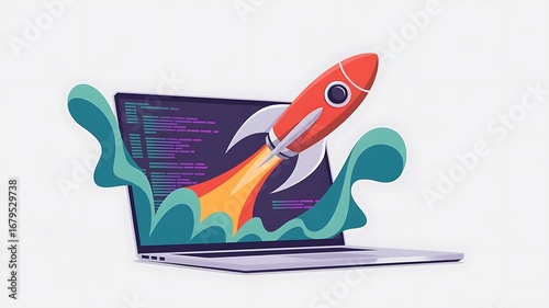 Rocket exiting laptop screen with abstract digital wave, Design Process Concept Vector Illustration for Website Banner, Advertisement and Marketing Material, Online, created with generative ai