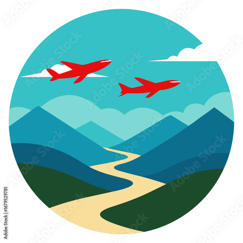 Two red airplanes fly over a winding river and blue mountains
